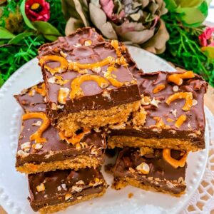 vegan, gluten free, dairy free, and healthy pretzel fudge blondie bars